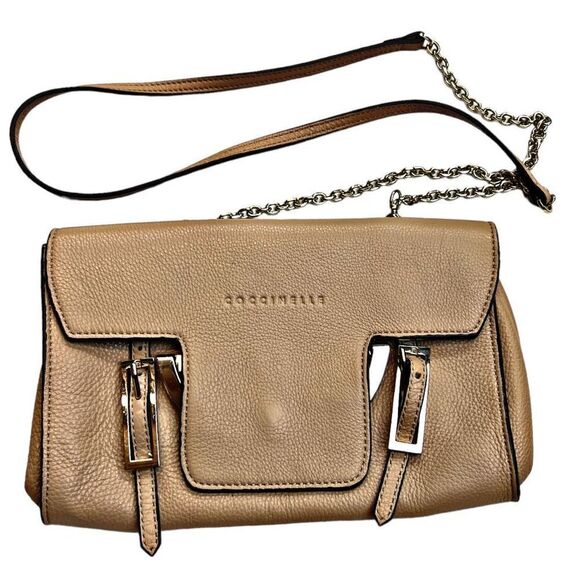 COCCINELLE Crossbody Handbag Leather Tumbleweed Tan Nude Color Gold Hardware - Picture 2 of 12